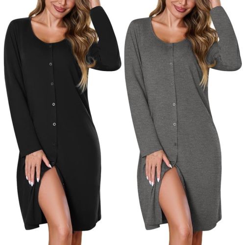 Marvmys Women's Nightgown 2 Pack Long Sleeve Button Down Sleep Shirt Nightshirt V-Neck Sleepwear Pajama Dress S-3XL