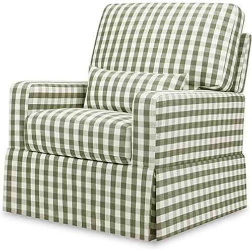 Namesake Crawford Pillowback Comfort Swivel Glider in Green Gingham, Water Repellent & Stain Resistant, Greenguard Gold & CertiPUR-US Certified