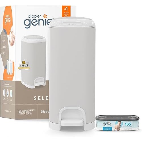 Diaper Genie Select Pail (Grey) is Made of Durable Stainless Steel and Includes 1 Starter Square Refill That can Hold up to 165 Newborn-Sized Diapers.