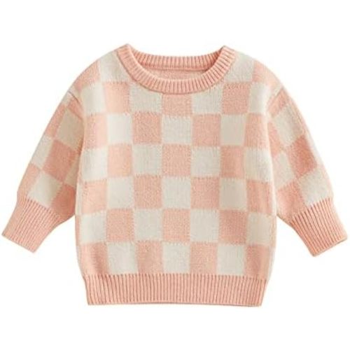 Kuriozud Toddler Baby Boy Girl Sweater Checkerboard Knit Crewneck Sweatshirt Soft Warm Fall Winter Clothes