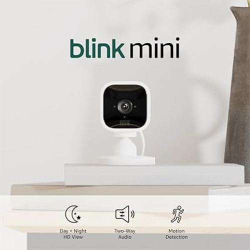 Blink Mini - Compact indoor plug-in smart security camera, 1080p HD video, night vision, motion detection, two-way audio, easy set up, Works with Alexa – 1 camera (White)