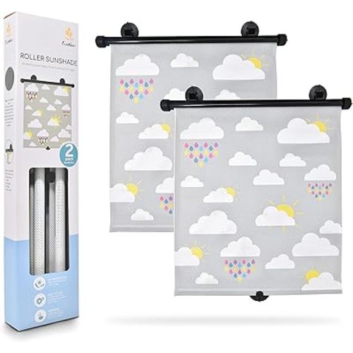 EcoNour Car Window Shades for Baby (2 Pack) | Retractable Car Roller Sunshade for Kids | Radiant Raindrops Printed Sun Blocker for Window | Baby Car Window Accessories (15"x17")