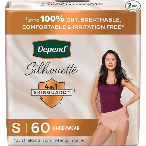Depend Silhouette Adult Incontinence & Postpartum Bladder Leak Underwear for Women, Maximum Absorbency, Small, Pink, 60 Count (2 Packs of 30), Packaging May Vary