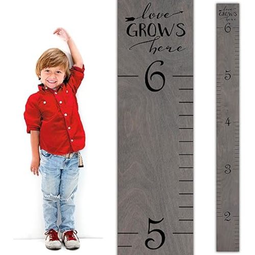 Wooden Growth Chart for Wall - Height Growth Chart for Kids, Kid Height Wall Chart, Height Measurement for Wall, Height Chart for Kids - Love Grows Here, Skinny Grey (63""x5.75"")