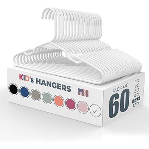 60pk Made in USA Baby Hangers | Kids Hangers for Children's Clothes, Toddler Outfits and Clothing | 20 50 100 Pack Available | Kid Plastic Hanger for Closet and Nursery | Child Kid Hangars (White)