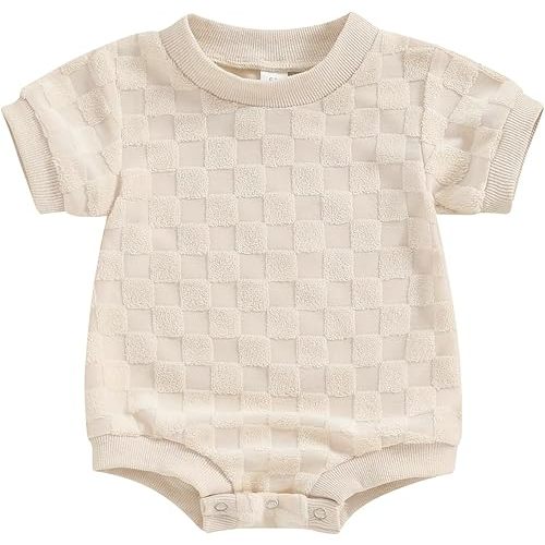 Unisex Baby Boy Girl Bubble Romper Summer Short Sleeve Jumpsuit Fuzzy One Piece Outfit Neutral Baby Clothes