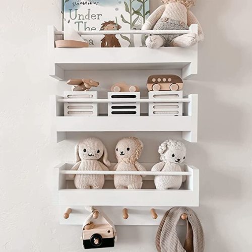 Floating Nursery Book Shelves with Hooks for Wall, Hanging Bookshelf for Kids Room Baby Bedroom, White Set of 3