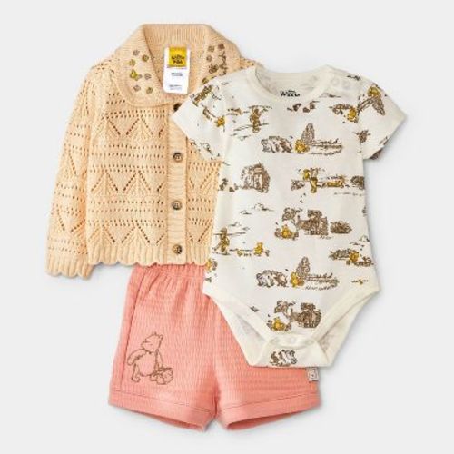 Baby Girls' 3pc Disney Winnie the Pooh Collection Bodysuit, Cardigan and Shorts Set - Yellow 12M