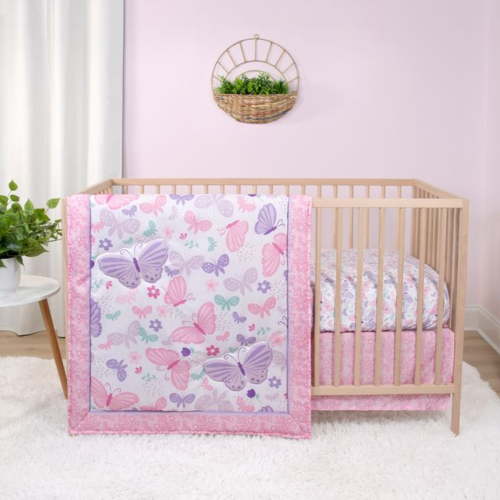 The Peanutshell Pink and Purple Butterfly Song Crib Bedding Set for Baby Girls, 3 Piece Nursery Set