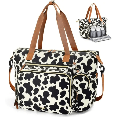 Diaper Bag Tote, Large Baby Diaper Bags for Travel, Hospital Bag for Labor Delivery with Pacifier Case, Changing Pad, Shoulder Strap, Cow Print