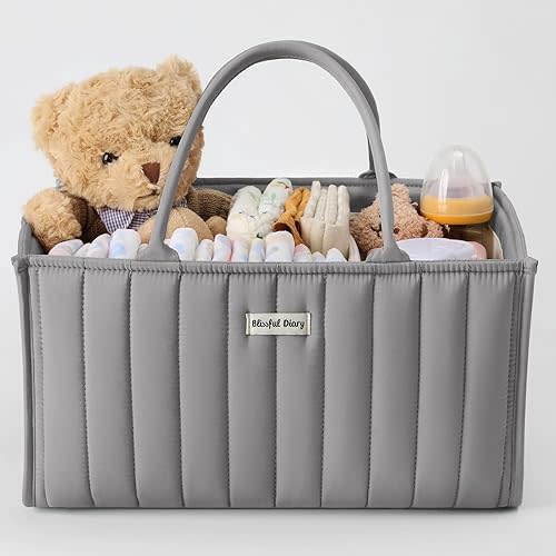 Blissful Diary Baby Diaper Caddy Basket, Baby Shower Caddy for Newborn Boys or Girls, Baby Diaper Caddy Organizer - Baby Gift Registry for Newborn Baby and Baby Must Haves Essentials - Light Gray