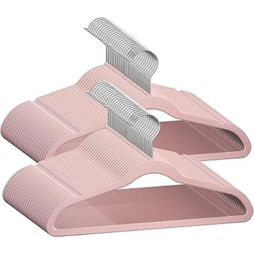 50 Premium Kids Velvet Hangers - 14" Non-Slip Clothes Hangers for Kids & Preteens - Ultra Slim, Space-Saving, Strong & Durable Hangers with 360° Swivel Hook - Pink