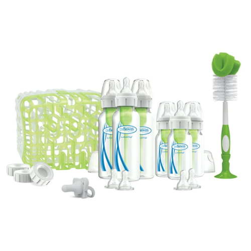 Dr. Brown’s Natural Flow® Anti-Colic Options+™ Deluxe Bottle Essentials Gift Set with 100% Silicone HappyPaci™ Pacifier, Bottle Brush and Dishwasher Basket for Bottle Parts, 0m+