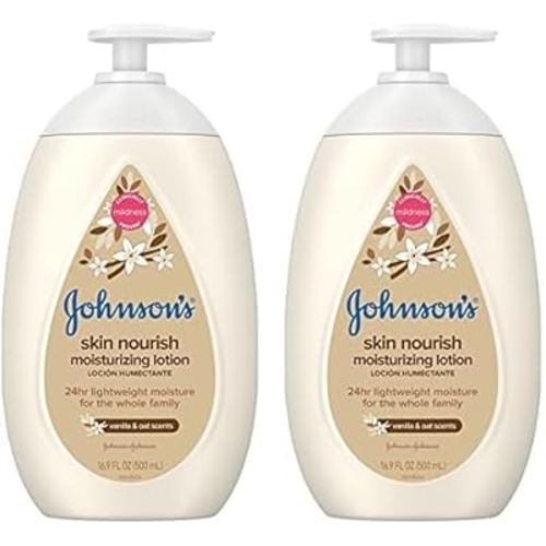 Johnson's Baby Skin Nourish Moisturizing Baby Lotion for Dry Skin with Vanilla & Oat Scents, Gentle & Lightweight Body Lotion for The Whole Family, Hypoallergenic, Dye-Free, 16.9 fl. oz (Pack of 2)