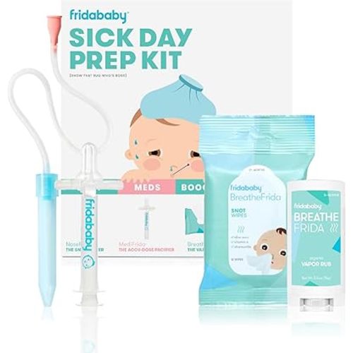 Frida Baby Sick Day Prep Kit, Sick Baby Essentials Includes NoseFrida Nasal Aspirator, MediFrida Pacifier Medicine Dispenser, Breathefrida Vapor Chest Rub + Snot Wipes, Soothe Stuffy Noses for Babies