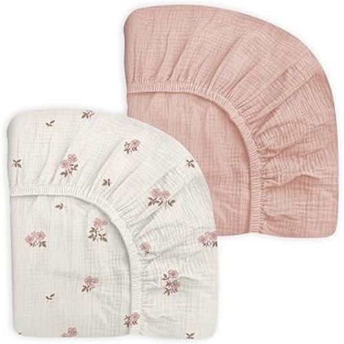 Pack and Play Sheets for Baby Boy and Girl 2 Pack, Neutral Muslin Cotton Pack N Play Mattresses Sheet 27"x39", Muslin Nursery Bedding Soft and Breathable Comfort(Vintage Blossom & Pink)