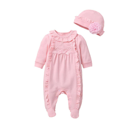 2PCS Newborn Baby Girl 3D Flower Romper Bodysuit Jumpsuit Hat Outfit Clothes