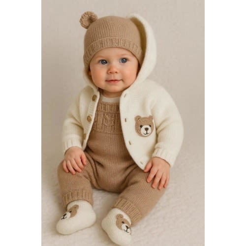 Handmade Teddy Bear Baby Outfit Set – Knitted Romper, Cardigan, Hat- Booties | Newborn Photo Prop & Coming Home Outfit
