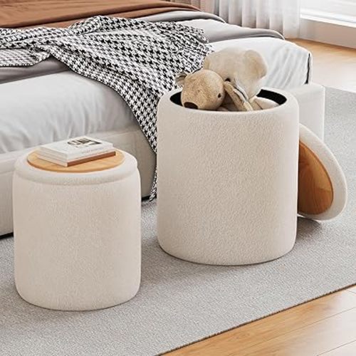 Ottoman with Storage Set of 2, Modern Round Pouf Foot Rest Ottoman Vanity Stool for Makeup, Portable Coffee Table Padded Seat for Living Room & Bedroom, Faux Teddy Fur (Beige)