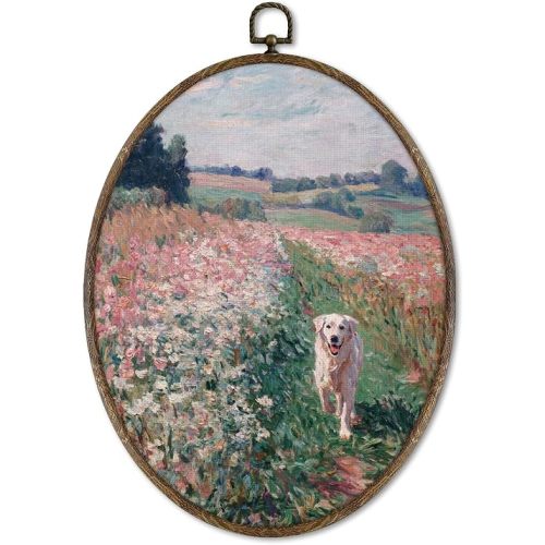 XNXLDYLH Vintage Golden Retriever Floral Oval Framed Wall Art Decor, Wildflowers Dog Hanging Wall Decor Decorations, Farmhouse Country Cottagecore Landscape Canvas Prints Wall Art Paintings,8.5x11.5in