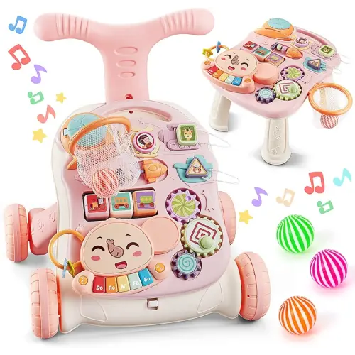 TOY Life 3 in 1 Baby Push Walker and Activity Center for Girl, Sit to Stand Walker for Babies 6-12 Months, Walking Toys with Music Panel for Infants and Toddlers Learning to Walk Pink
