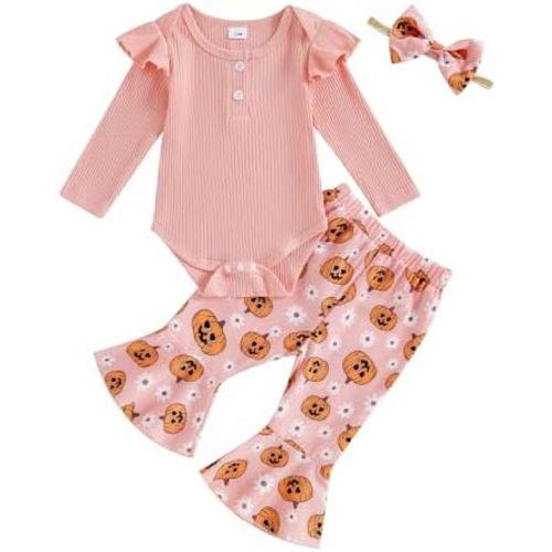 Emmababy Baby Girls Halloween Outfit Pumpkin Bell Bottoms Ribbed Romper Long Sleeve Bodysuit Ghost Flare Pants Headbands Set