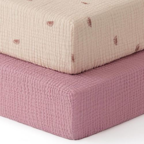 Blissful Diary Muslin Crib Sheets for Girl Boy, Boho Neutral Soft Cotton Baby Sheet for 52''x28'' Standard Crib Mattress, 2 Pack(Sunshine&Blush Pink)