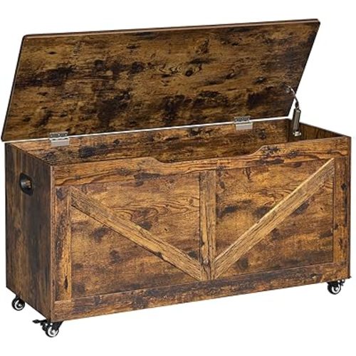 39.4“Storage Chest with wheels,Move easily,Storage trunk with 2 Safety Hinges,Wooden Storage Bench, Shoe Bench,Easy Assembly,storage bench for bedroom end of bed,for Entryway (Rustic Brown)