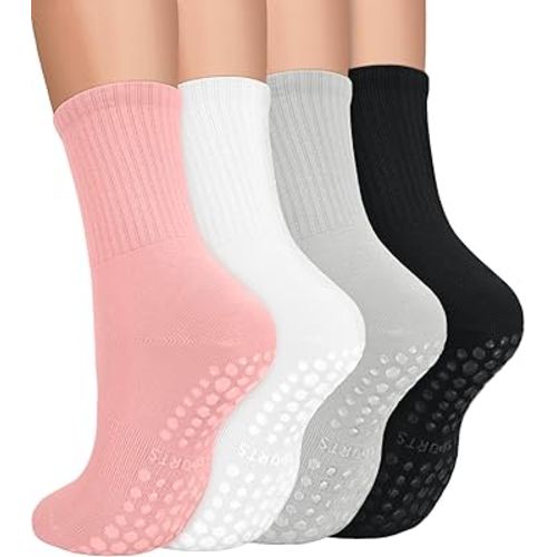 yeuG 4 Pairs Non Slip Pilates Socks with Grips for Women, Crew Grip Socks for Yoga, Barre, Hospital, Barefoot Workout