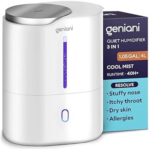 GENIANI Ultrasonic Cool Mist Humidifier for Bedroom, Large Rooms, Home, 4L - Easy Fill & Clean Humidifier for Plants w/Auto Shut-off, 40H Runtime - Quiet, Top Fill Air Humidifier & Vaporizer for Baby