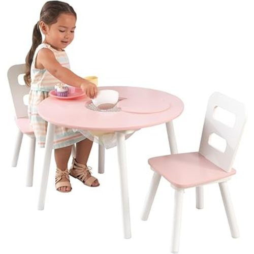 KidKraft Wooden Round Table & 2 Chair Set with Center Mesh Storage - Pink & White