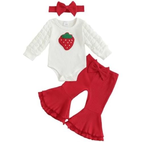 Newborn Baby Girl Clothes Strawberry Ribbed Romper Tops Bow Bell Bottoms Pants Fall Winter Coming Home Outfit Set