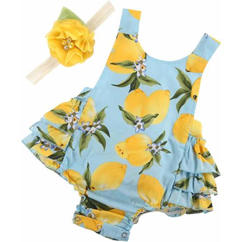 Baby Girl's Floral Print Ruffles Romper Summer Clothes with Headband - 0-6 months - A27