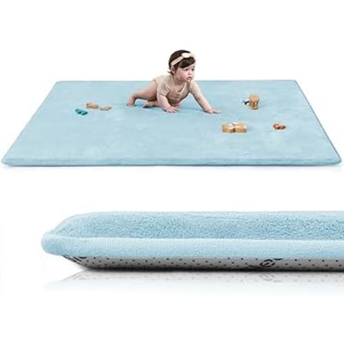Baby Play Mat for Floor,1.3" Thick Elasti-Foam 50"×74" Playpen Mat for Tummy Time,Water Repellent Soft Coral Velvet for Toddler,Infant,Kids,Non-Slip Backing Safe for Crawling(Light Blue)
