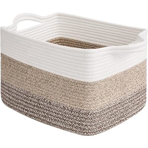 Goodpick Woven Storage Basket, 13"x10"x9" Cotton Rope Organizer for Dog Toys, Books, Stylish Gift Basket with Handles, Small Laundry Baskets for Shelves, Gradient Brown