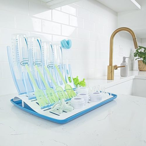 Dr. Brown's Baby Bottle Cleaning Brush with Sponge and Scrubber - Blue - 3pk and Universal Baby Bottle and Accessory Drying Rack - 3-pack, Blue Bottle Brush & Drying Rack