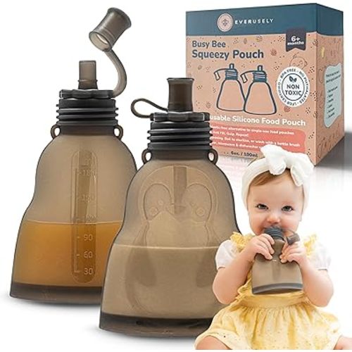Everusely - Baby Food Pouches - 2 Pack, 6 oz, Slate - Reusable, Squeezable, Silicone Food Pouch - Leakproof, Spill Proof & Refillable Puree Containers - BPA Free Storage - Dishwasher Safe