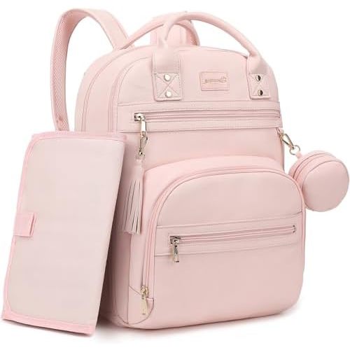 Premium Vegan Leather Diaper Bag Backpack with Waterproof Changing Pad, Reinforced Zippers & Odor-Free, 20 Pockets Pro Organizer, Fits 15.6" Laptop, Stroller Straps, Baby Bag for Mom, Pink