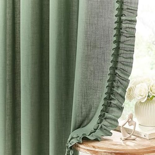 Dark Sage Green Ruffled Curtains 84 Inches Long, 2 Panels, W47 x L84 Inch, Linen Textured Scalloped Ruffle Curtains for Living Room, Rod Pocket Privacy Light Filtering Semi-Sheer Flowy Window Curtain