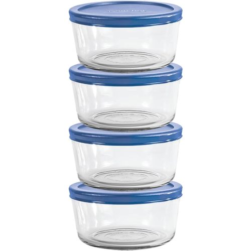 Anchor Hocking 2 Cup Glass Storage Containers with Lids, Set of 4 Glass Food Storage Containers with Blueberry SnugFit Lids