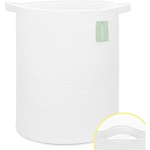 Large Laundry Hamper for Girls Boys Kids 72L, Nursery Hamper, Tall Laundry Basket, Cotton Rope Woven Blanket Basket for Storage Toys Clothes Towels, 16”x 22”, White