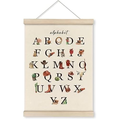 HRQKO Western Alphabet Poster Hanger Frame, Western Nursery Decor, Cowboy Nursery Decor, ABC Poster Wall Art with Wooden Frames, Alphabet Banner Wall Hanging Decor for Boys Cowboys Room,12x16 Inch