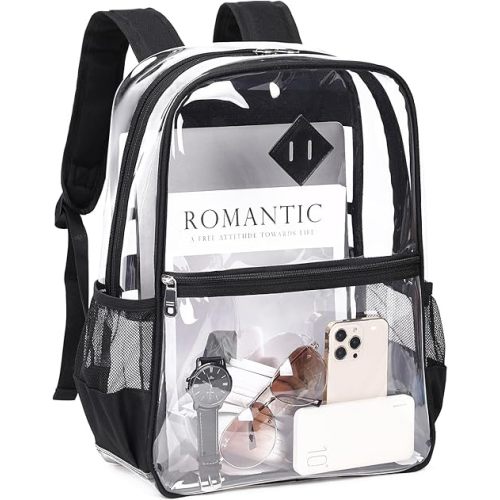 Clear Backpack Stadium Approved, Heavy Duty See Through Book Bag, Black Transparent