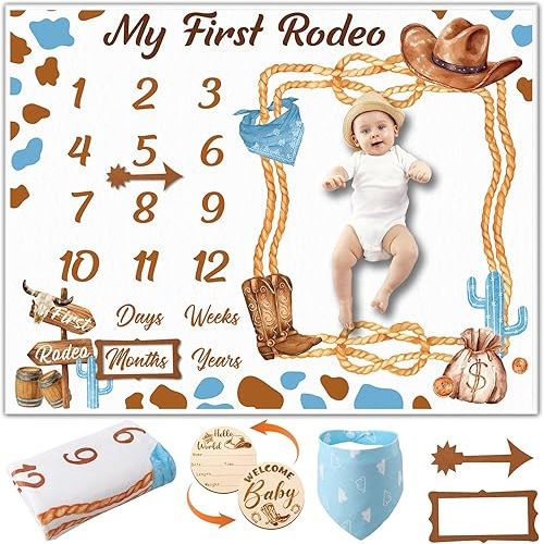 Cowboy Baby Boy Milestone Blanket Western Theme Cow Print Baby Growth Chart Blanket for Boy Newborn My First Rodeo Birthday Party Supplies