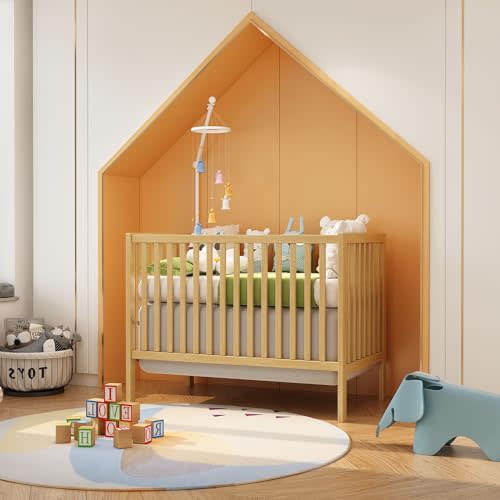 HZANHY 5-in-1 Baby Crib,Convertible Crib, Baby Crib, Converts from Baby Crib to Toddler Bed, Daybed and Full-Size Bed Frame, Fits Standard Full-Size Crib, Baby Bed Natural (Mattress not Included