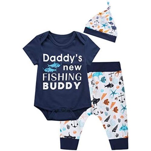 3PCS Baby Boys' Daddy's New Fishing Buddy Outfit Set Short Sleeve Bodysuit