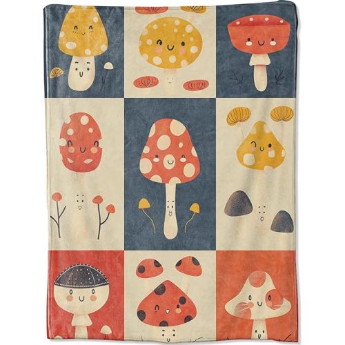 Mushroom Smiling Faces Throw Blanket, Happy Lively Plant Blankets for Bedroom Living Room Couch Decor, Fuzzy Cozy Soft Lightweight Throws, Birthday Gifts for Kids Boys Girls, 50x60 in