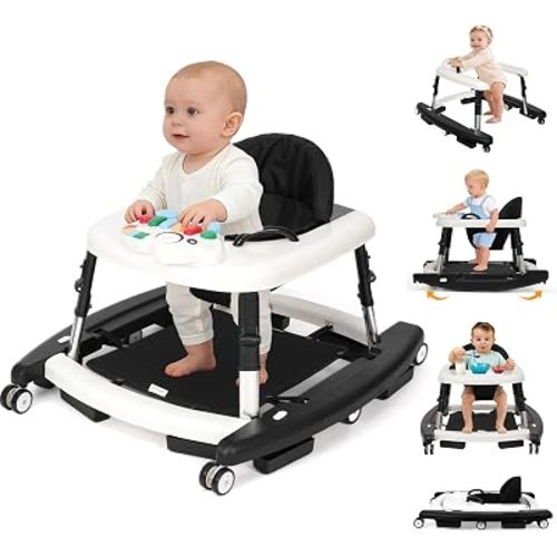 5-in-1 Baby Walker for Boys and Girls Music and Lights 6-18 Month, Foldable Baby Walkers with 5 Adjustable Heights, Infant Toddler Walker with Wheels and Combo Portable(Black)