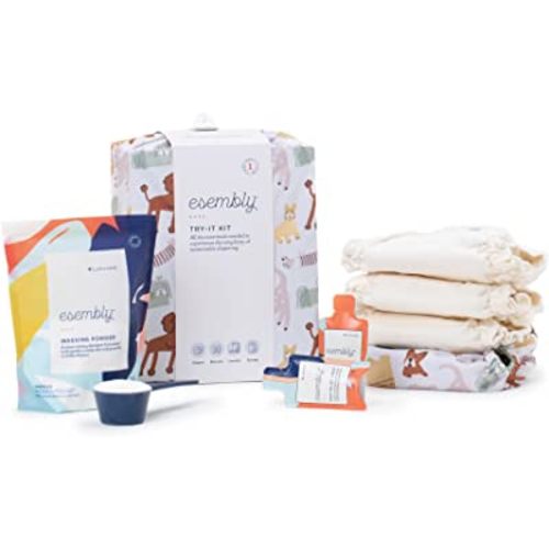 Esembly Cloth Diaper Try-It Kit, Starter Set of Organic, Reusable Diapers with Detergent, Diaper Cream and Diaper Bag - Eco-Friendly Diapering System, Off-Leash, Size 1