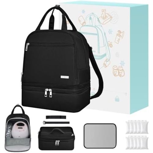 Breast Pump Bag with Insulated Cooler, Double-Layer Pumping Bag for Work & Travel, Fits Most Electric Breast Pumps, Includes 10 Ice Packs & Waterproof Mat, Detachable Bottle Cooler Tote, Black